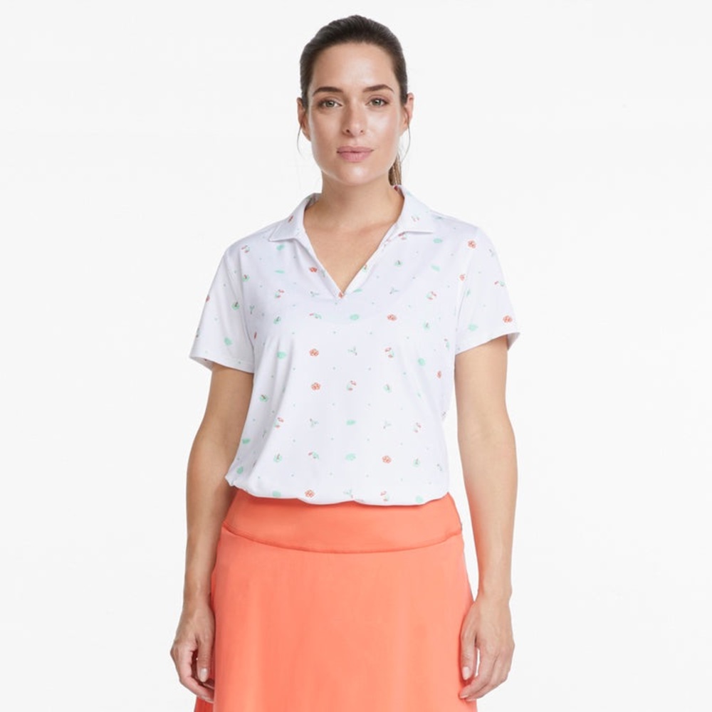 PUMA White, Coral & Green Soft Breathable MATTR Galapagos Golf Polo Shirt, M